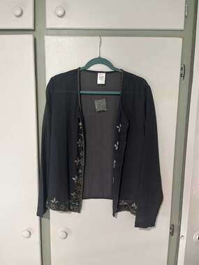 Bedford Fair Black Sheer Beaded Open Front Cardigan Jacket